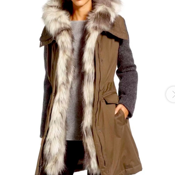 Vera Wang Green Khaki Faux Fur Trim Mixed Media Parka - Picture 1 of 17